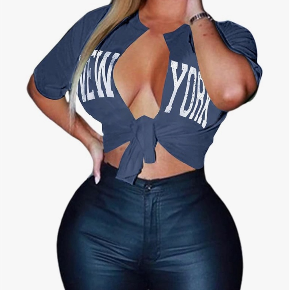 Sexy tie front crop top short sleeve summer v neck tshirt